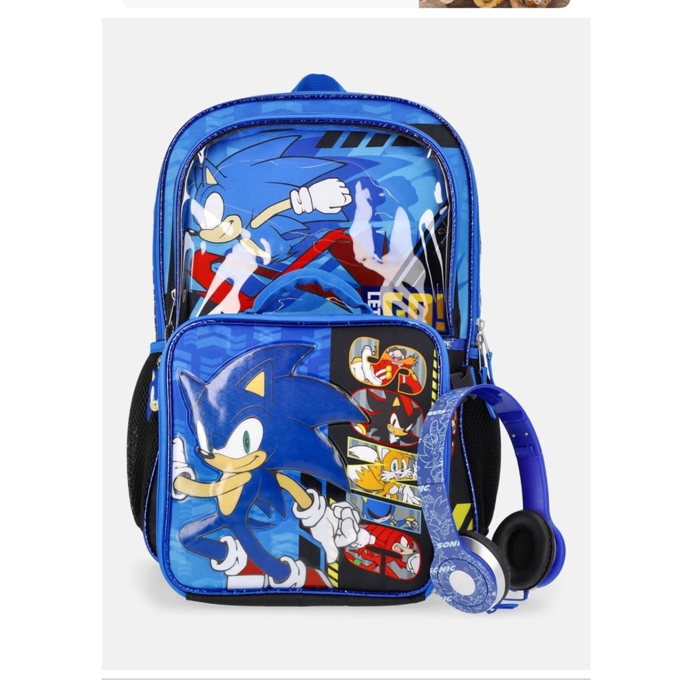 Sonic the Hedgehog 4 Piece Backpack Set Lunch Tote Headphones Blue 17 Inch